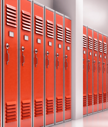 high school lobby with red color lockers perspect